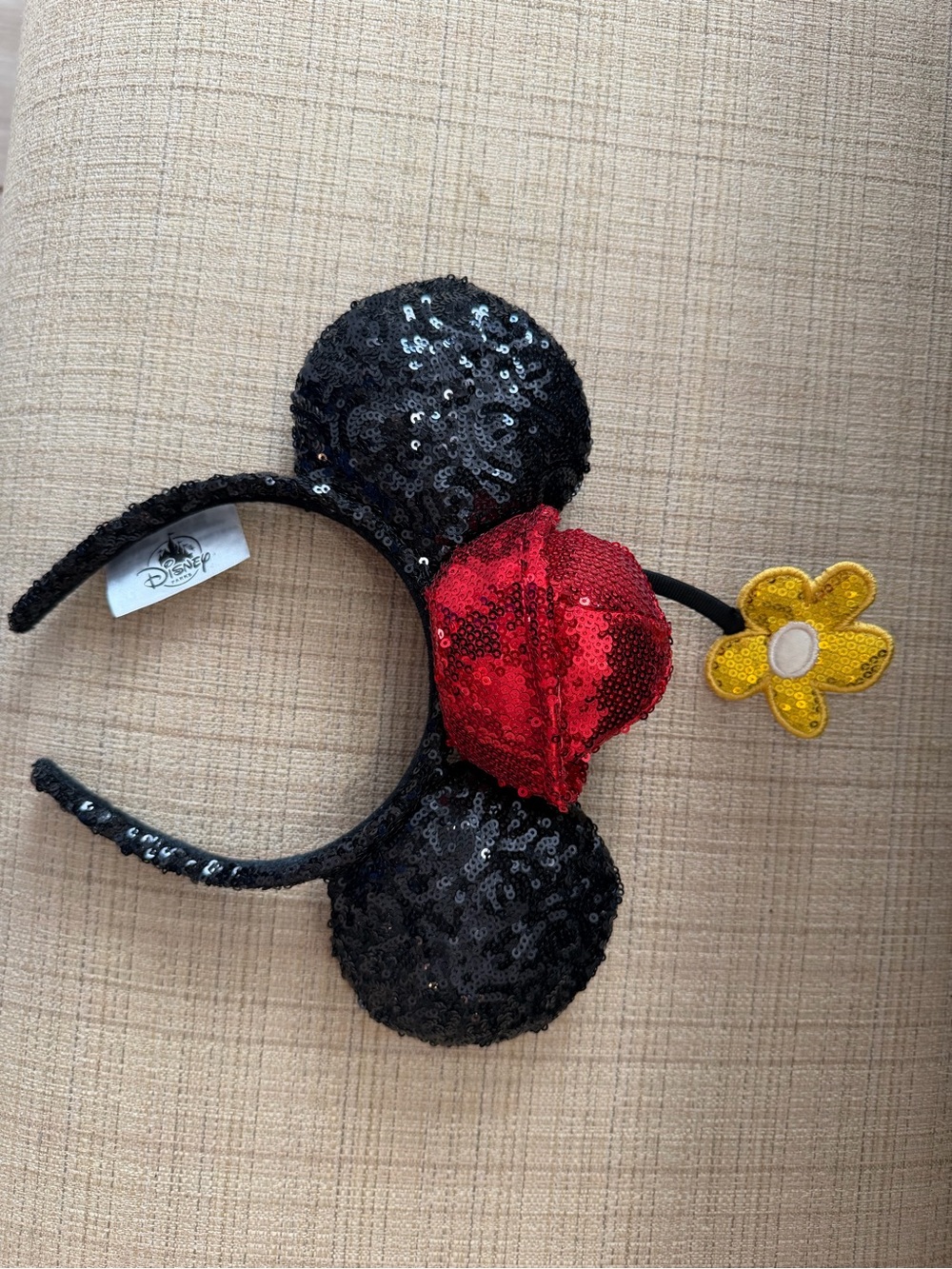 Disney Sequin Minnie Ears Headband with Red Bow and Yellow Flower